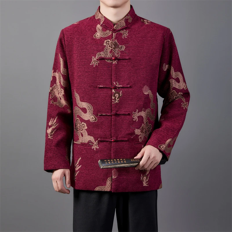 2026年春秋季新款男士刺绣休闲唐装 中国风老人立领复古长袖外套
