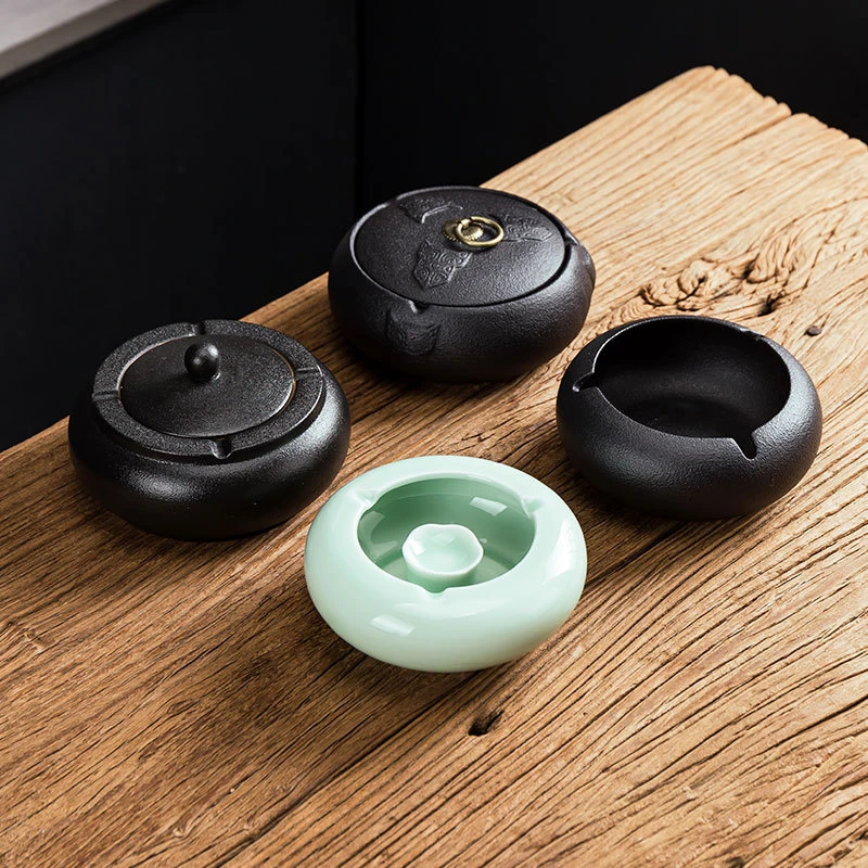 玻璃时尚大号陶瓷烟灰缸带盖家用创意个性潮流办公室防飞灰烟缸