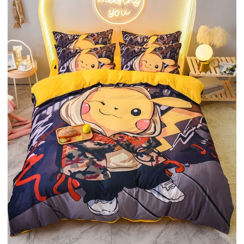 皮卡丘牛奶绒床单四件套宝可梦珊瑚卡通儿童被套学生宿舍三件套