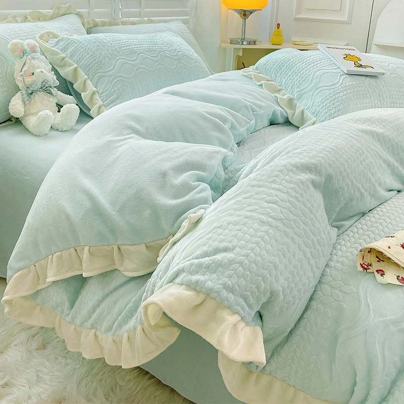 冬天牛奶绒床上三件套冬季珊瑚绒被套加厚雕花绒面床单四件套床品