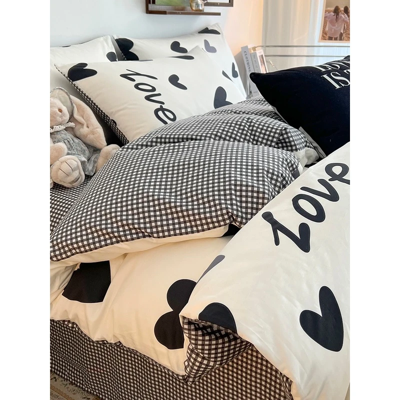 2023新款床上四件套纯棉100全棉简约黑白被套床单床笠宿舍三件套4
