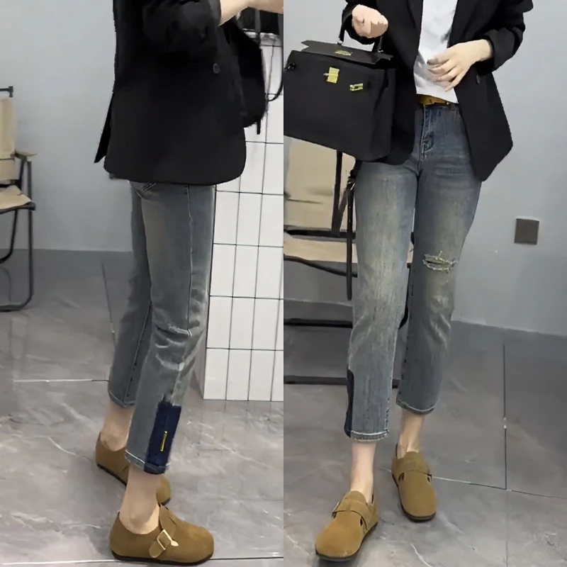 梨形身材穿搭大码女装微胖直筒烟管牛仔裤女小个子显瘦高腰弹力裤