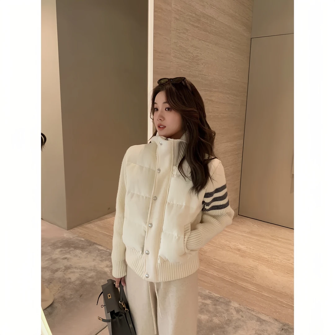 TB秋冬新款韩系气质设计感小众拼接针织短款白色棉服保暖外套