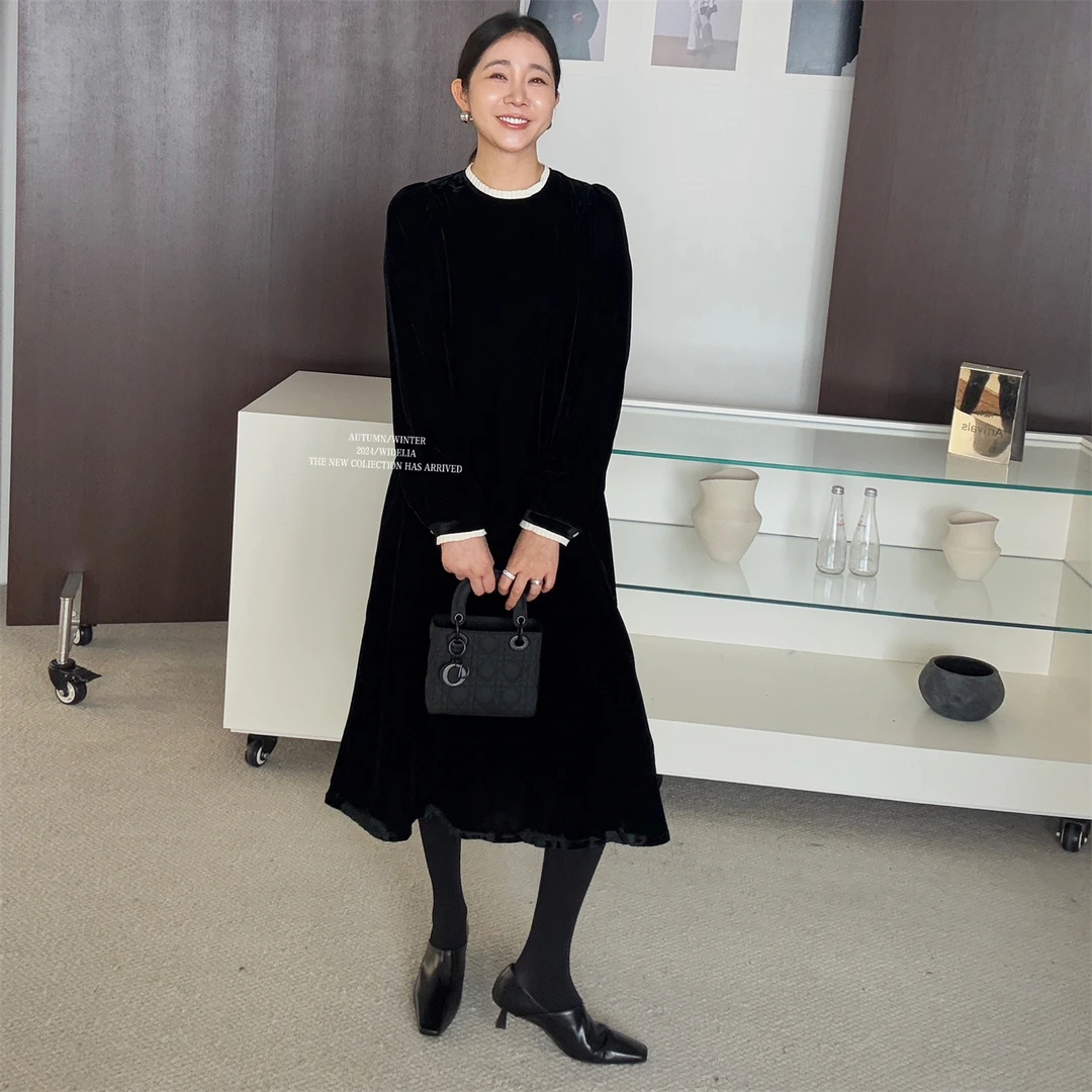 widelia秋冬9297假两件丝绒裙法式显瘦小黑裙拼接宽松黑色连衣裙