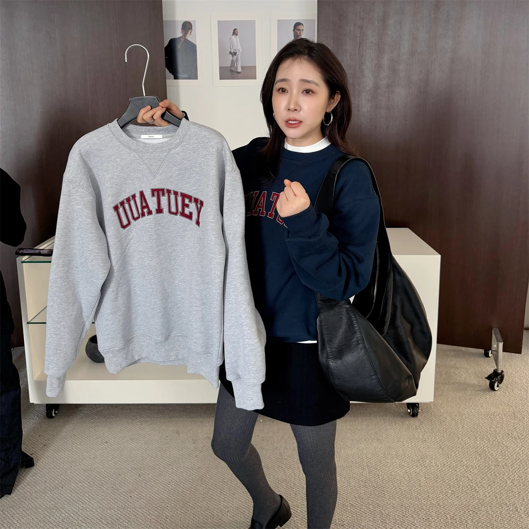 widelia秋冬9382加绒卫衣女时尚宽松设计感圆领休闲印花休闲卫衣