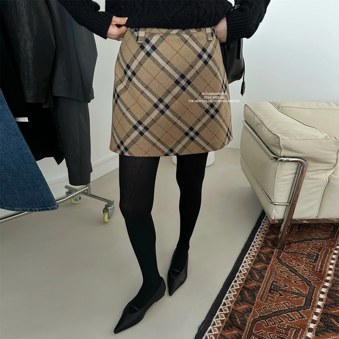 widelia秋季9276韩版A字裙格纹学院高腰包臀显瘦半身裙西装短裙女