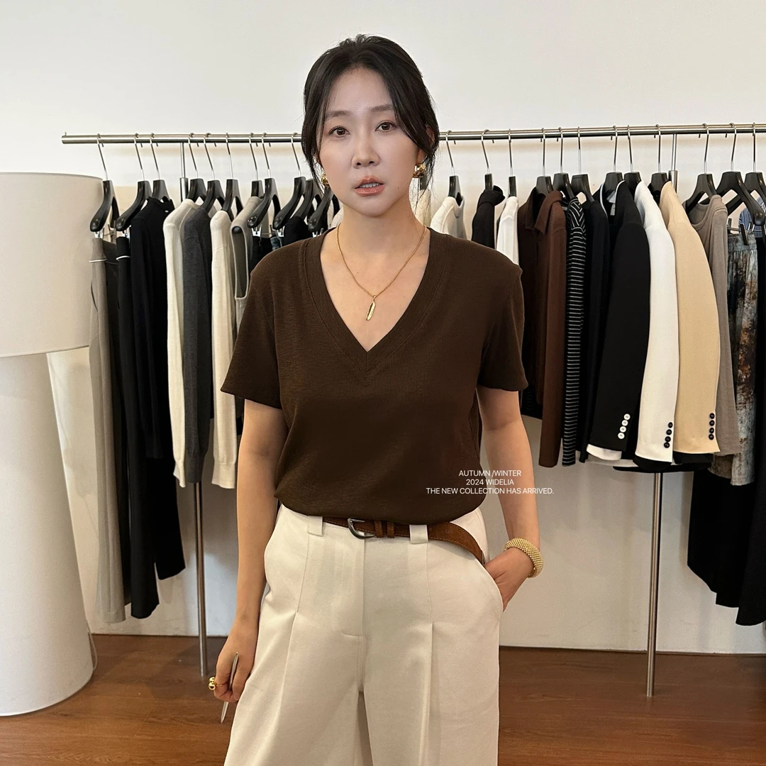widelia秋季9056简约V领短袖t恤韩版百搭显瘦气质纯色极简打底T恤