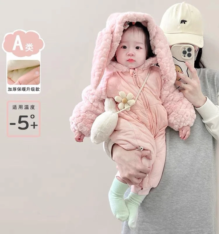 女宝宝秋冬季小公主洋气卡通夹棉连体衣婴幼儿甜美加绒哈衣外出服