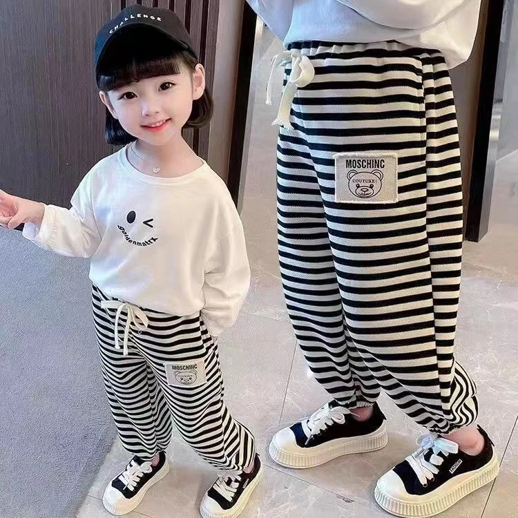 儿童春夏卫裤2025长款休闲裤条纹女童宝宝宽松外穿中大童韩版洋气