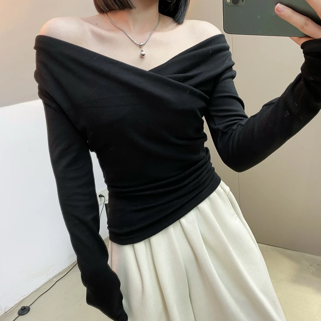 秋冬洋气打底修身不规则加绒打底衫多穿法抽褶黑色打底上衣女内搭
