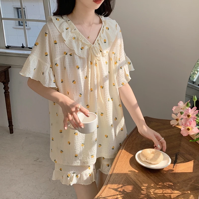 宫廷复古风春夏季新款睡衣女绉布田园风短袖短裤女士家居服套装