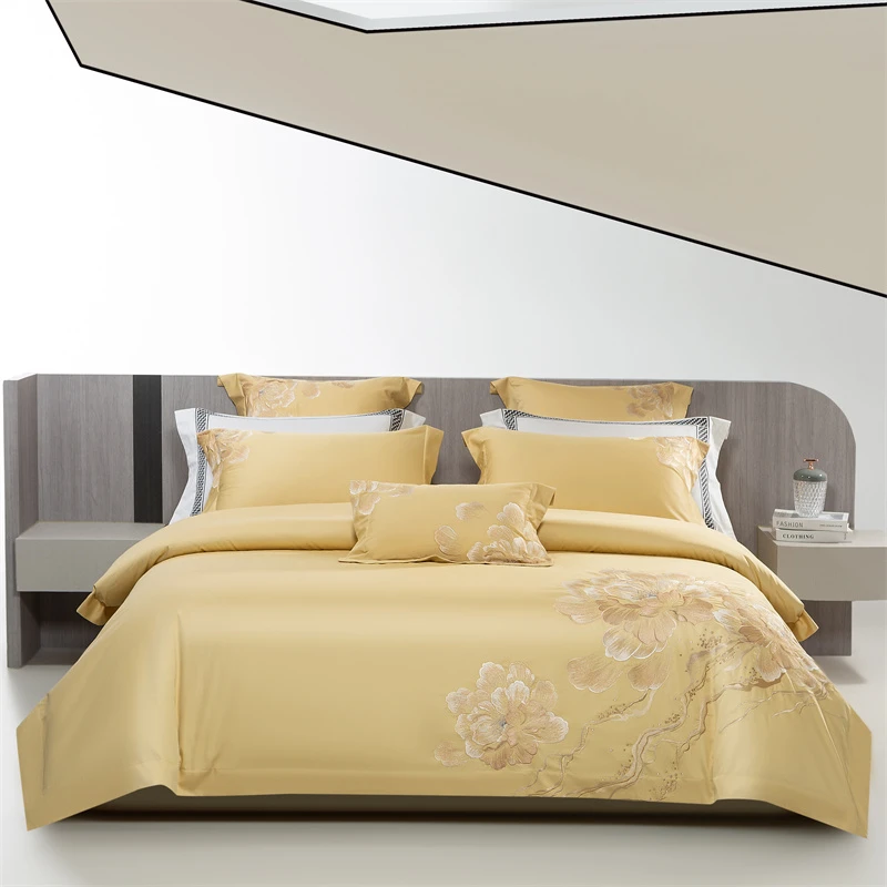 100支长绒棉高端绣花四件套刺绣床上用品被套双人结婚婚庆简约