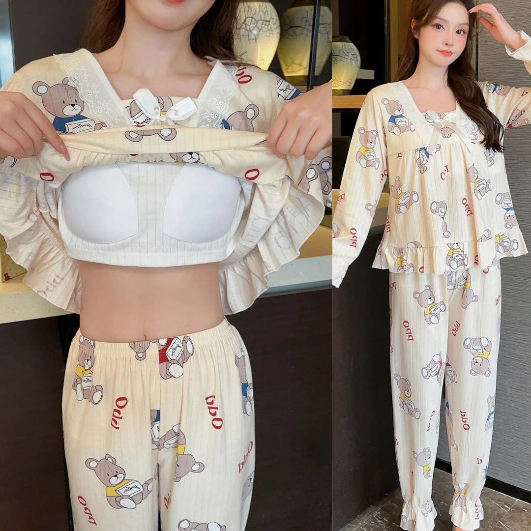 春秋季少女款睡衣女套装带胸垫大码长袖甜美宽松网红可外穿家居服