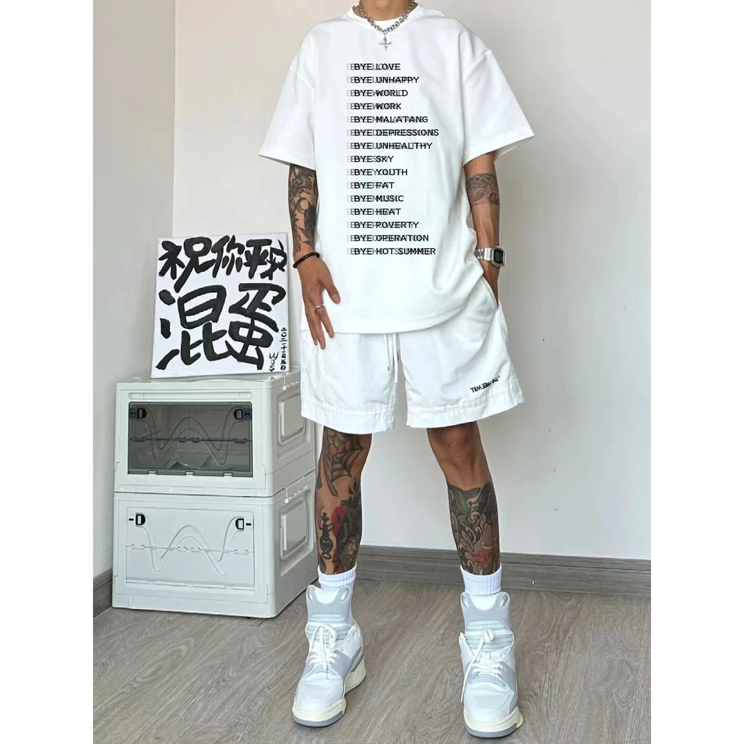 欧美高街t恤男款夏季精梳棉圆领情侣短袖潮牌ins青少年宽松五分袖