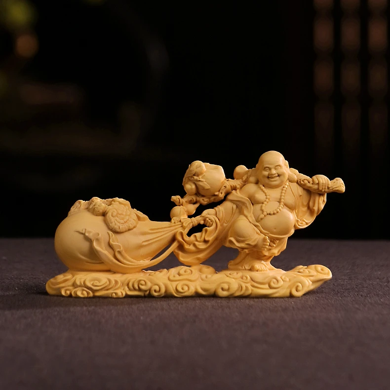 【原创】黄杨木雕 拉福布袋弥勒佛 12公分 手工雕刻摆件