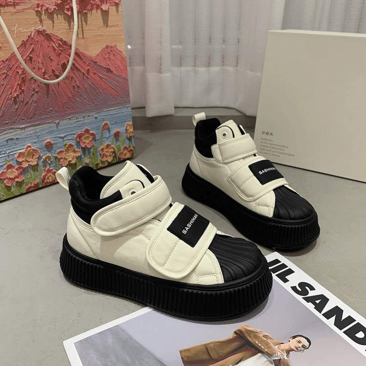 2023秋季新款厚底女鞋魔术贴高帮饼干鞋软皮贝壳头百搭休闲女鞋