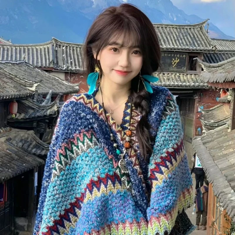 民族风披肩斗篷 手工流苏吊坠两用毛线针织披风旅行披肩空调盖毯