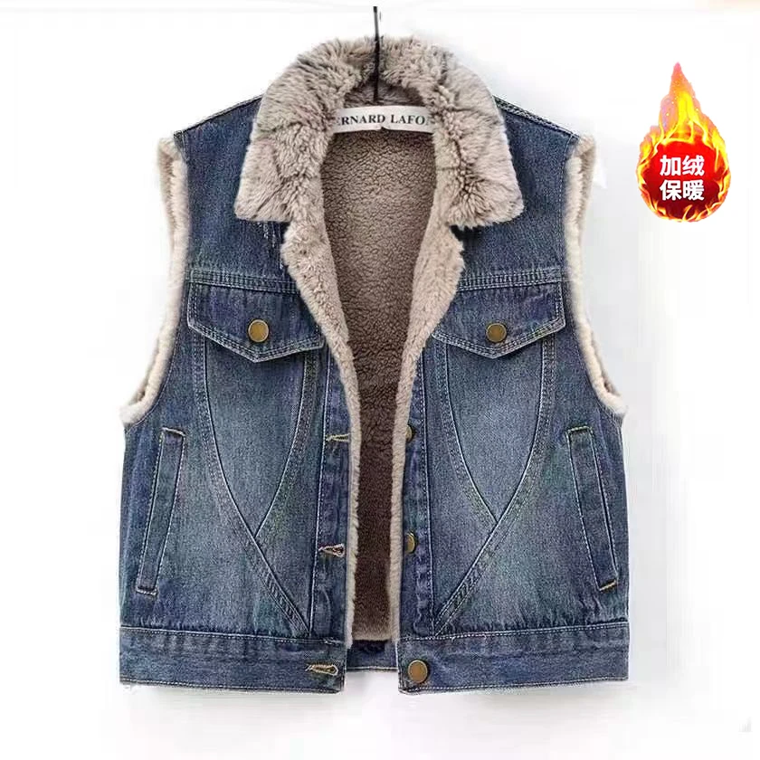 冬季复古新款羊羔百搭加厚牛仔马甲背心宽松加绒短款坎肩无袖外套