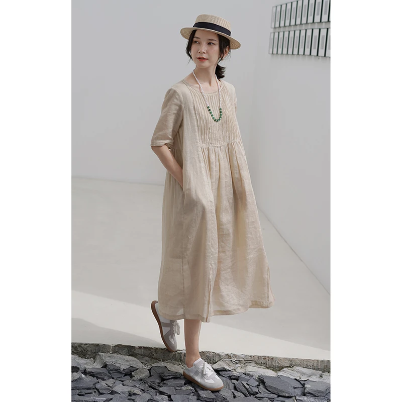 艺在夏季文艺100支苎麻风琴褶皱设计女装圆领显瘦连衣裙X2229