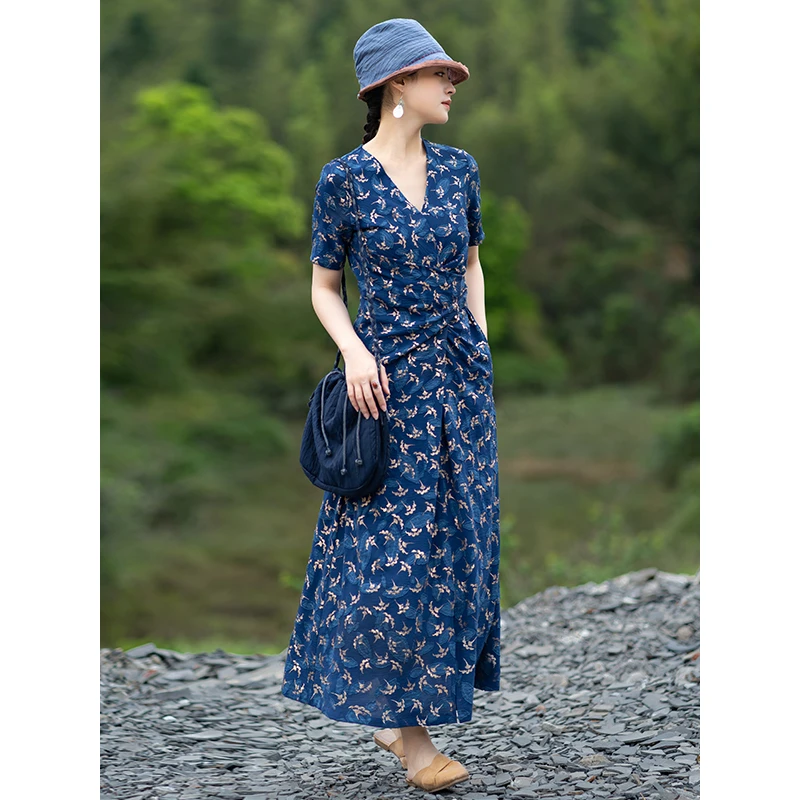 艺在原创女装新款V领短袖优雅中长裙设计感显瘦复古连衣裙YX587