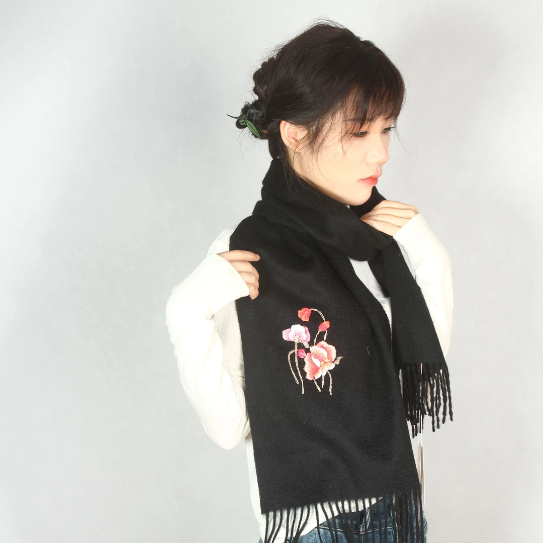 湘绣手工刺绣山羊绒冬款雅韵围巾男款女款中国风