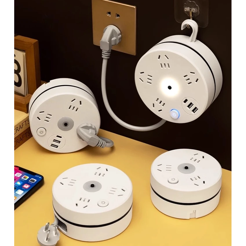 多功能可收纳usb接口插座板圆形插排带开关电源插座转换器多插孔