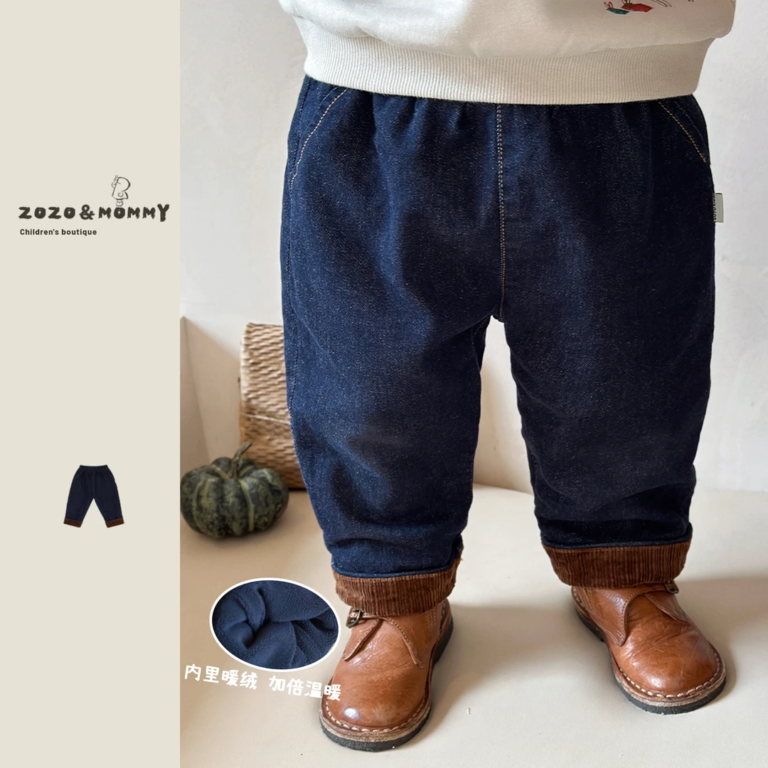 12/17新品【丹宁艺术家】复古拼接加绒活性牛仔萝卜裤冬季婴幼童
