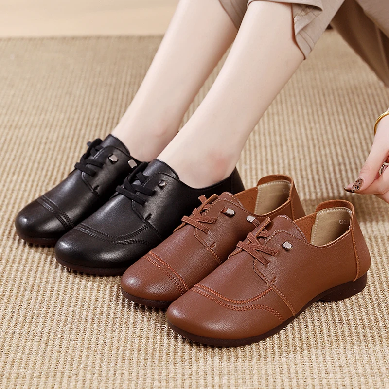 春秋真皮妈妈鞋圆头复古软底防滑中老年牛筋底休闲鞋舒适百搭平底