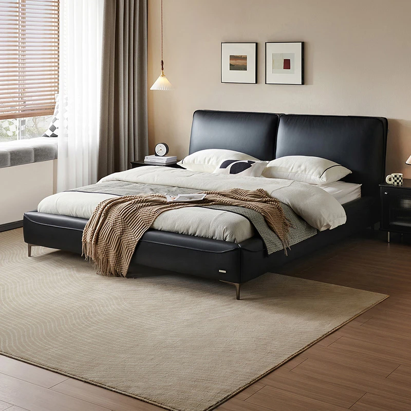 全友家居意式极简床真皮床双人床主卧室1.8米大黑床牛皮床大床