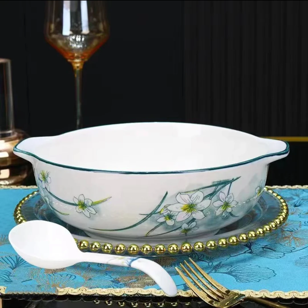 含耳10.5英寸水仙花双耳碗1个送同款汤勺1个 破损联系客服