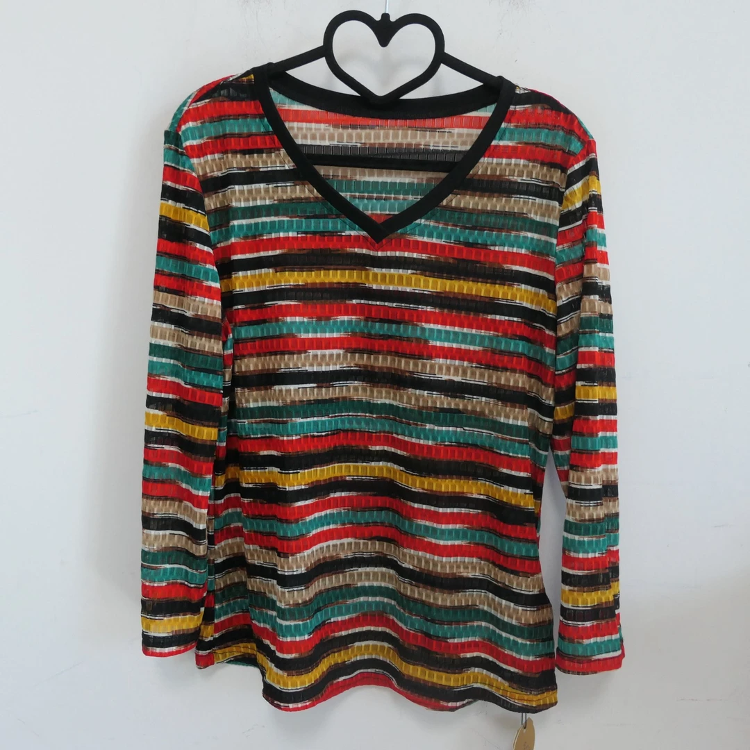 AB-1765（福利）早秋款V领五彩条九分袖打底衫