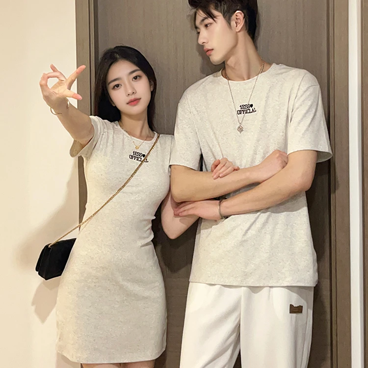 美式情侣装夏季刺绣百搭小众设计感T恤包臀连衣裙法式一裙一衣ins