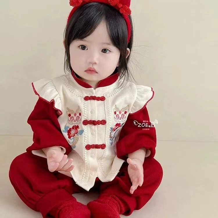 女童汉服套装秋冬款宝宝中国国风唐装两件套儿童抓周周岁喜庆礼服