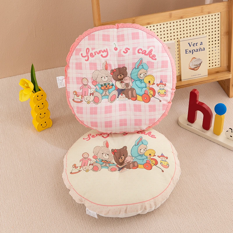 格子音乐熊女孩款棉麻圆形椅子坐垫居家用儿童女孩榻榻米地板垫子