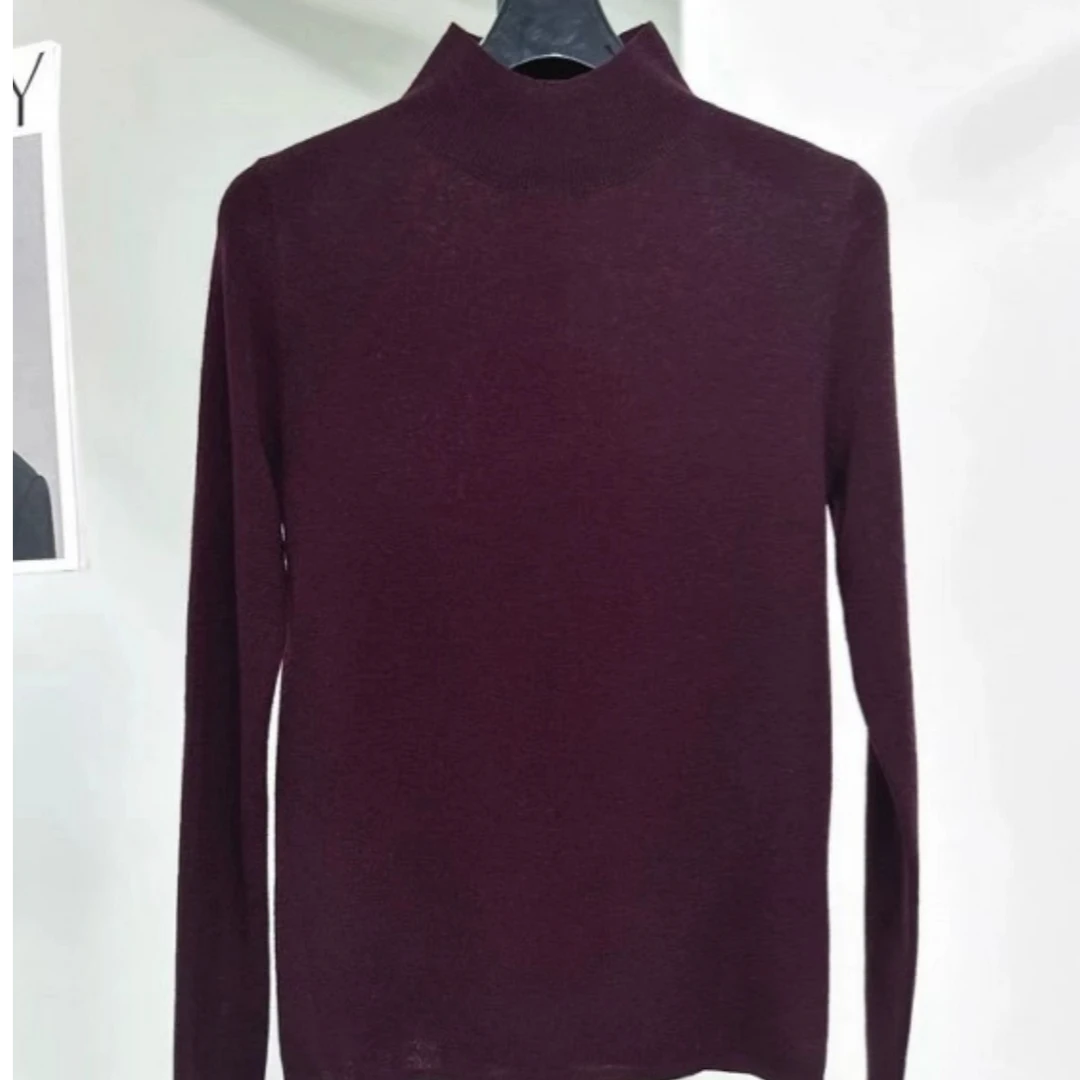 半高领长袖修身薄款100美丽诺精纺绵羊毛针织衫-66603