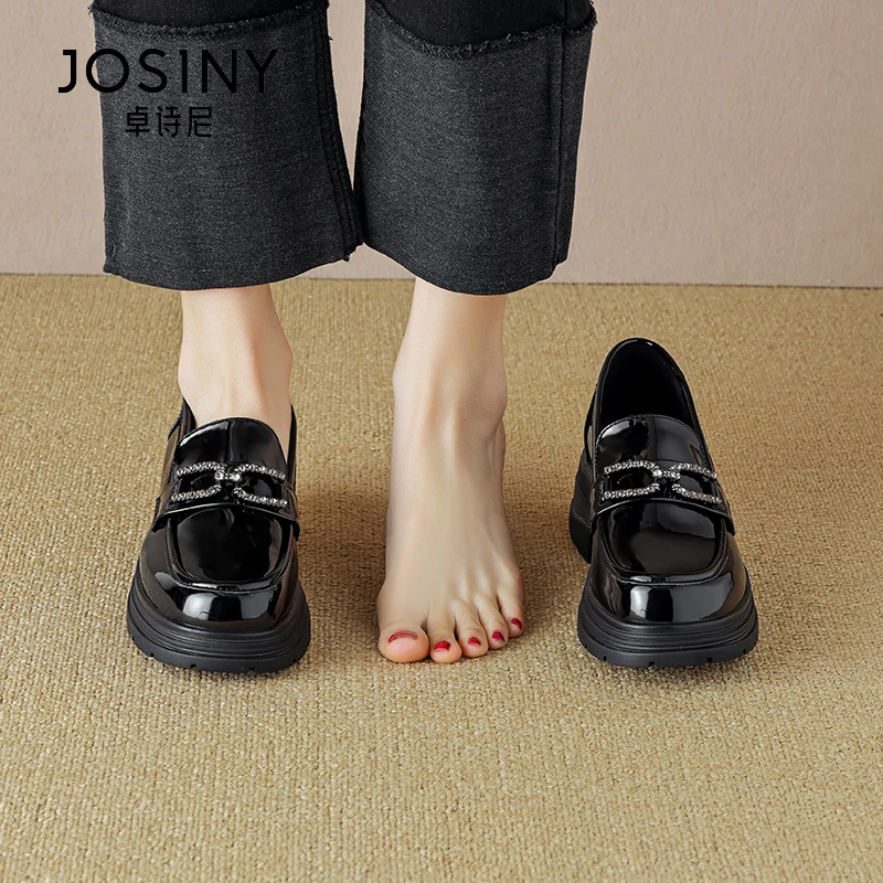 卓诗尼厚底增高乐福鞋女2024春秋爆款水钻增高小皮鞋子英伦风单鞋
