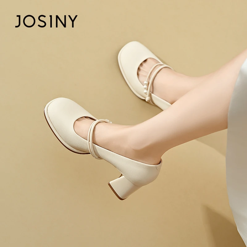 卓诗尼法式玛丽珍鞋女2025新款夏季粗跟高跟鞋高级感珍珠小皮鞋女