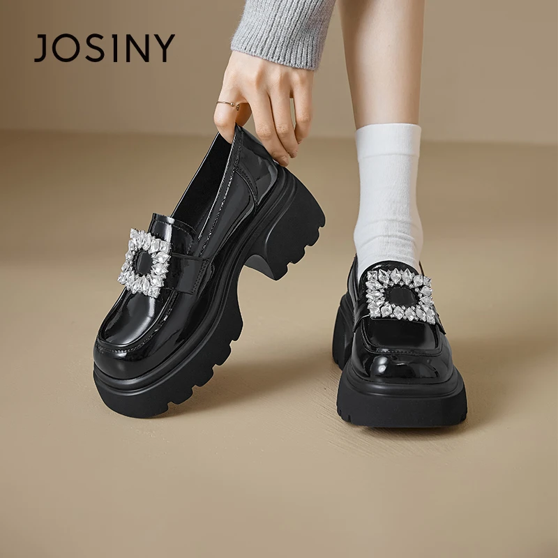 卓诗尼水钻厚底松糕乐福鞋2024年春季新款英伦风单鞋显高小皮鞋女