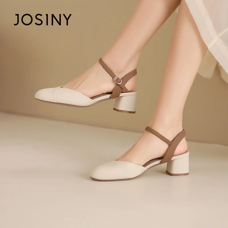 卓诗尼2024夏季女士法式一字扣时装中后空粗跟包头凉鞋4J1A30572