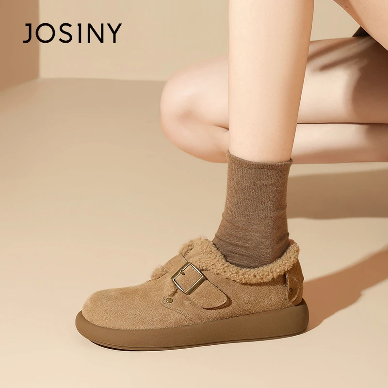 卓诗尼2024冬季新款单鞋女款休闲百搭加绒加厚保暖复古风时尚圆头