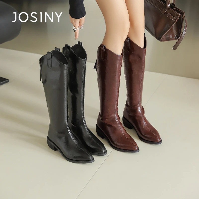 卓诗尼尖头粗跟时装靴女2025冬季新款休闲百搭软底不过膝长筒靴