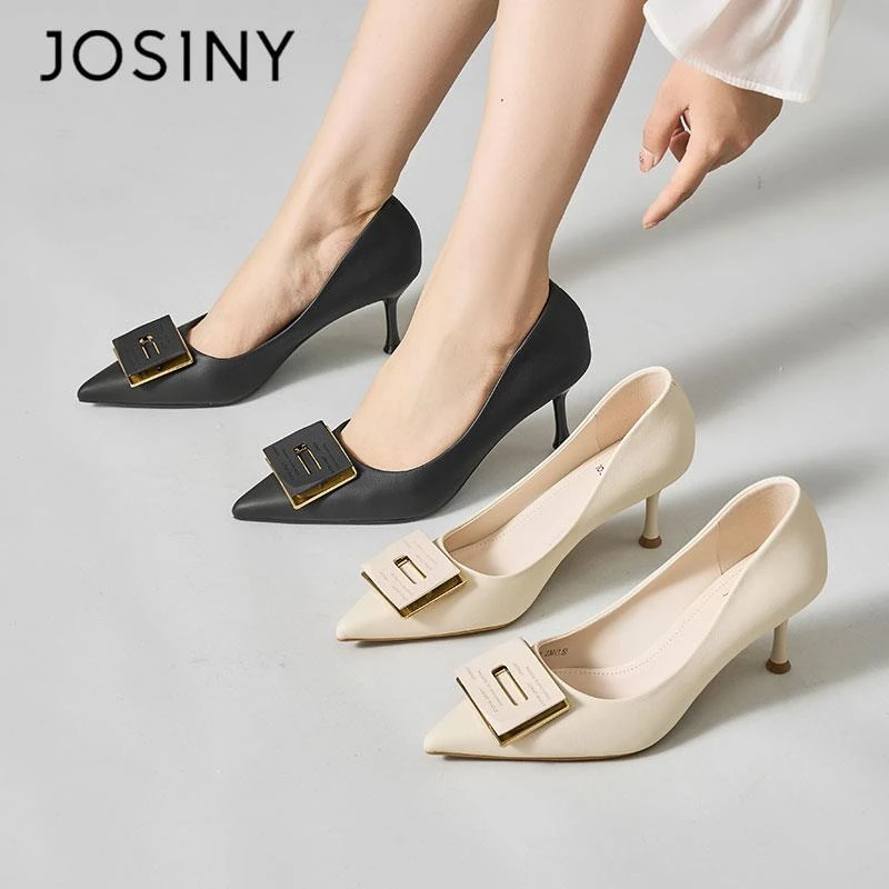 卓诗尼女2025春秋新款尖头方扣细跟黑色法式单鞋妈妈鞋302N18873