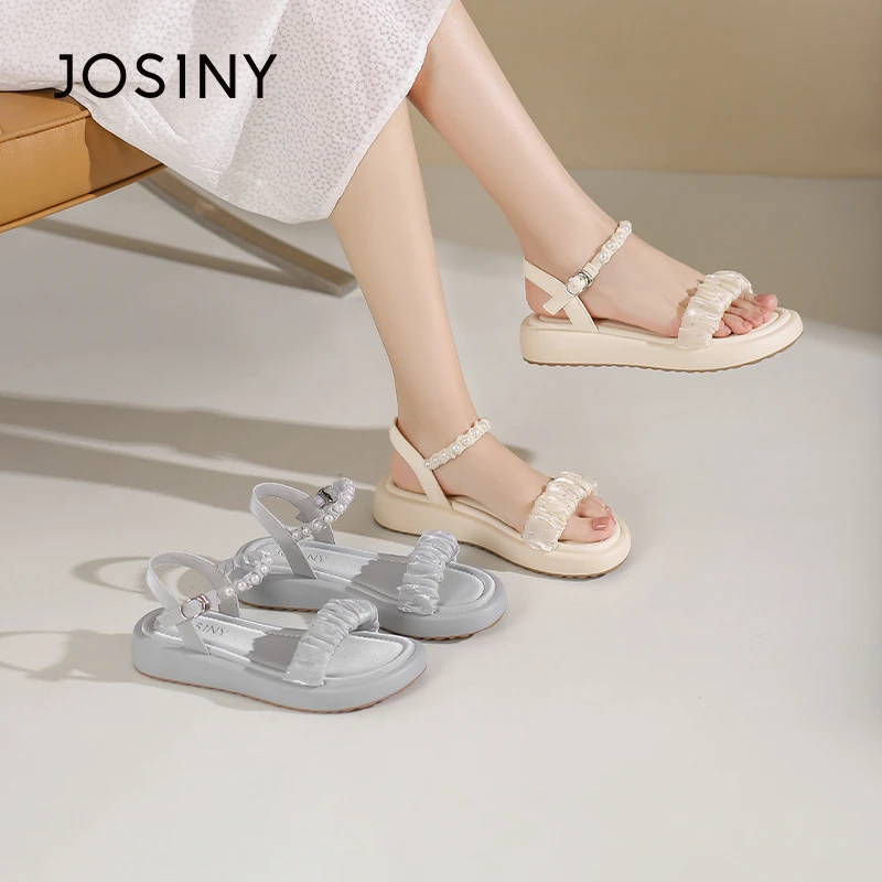 卓诗尼厚底露趾软底凉鞋2025夏新款珍珠一字带仙女风外穿时尚女鞋