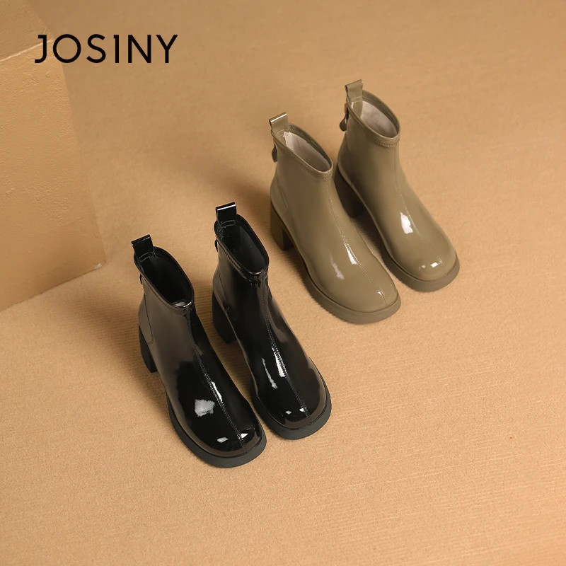 卓诗尼亮面时装靴2024冬季新款休闲时尚百搭外出流行通勤厚底靴子