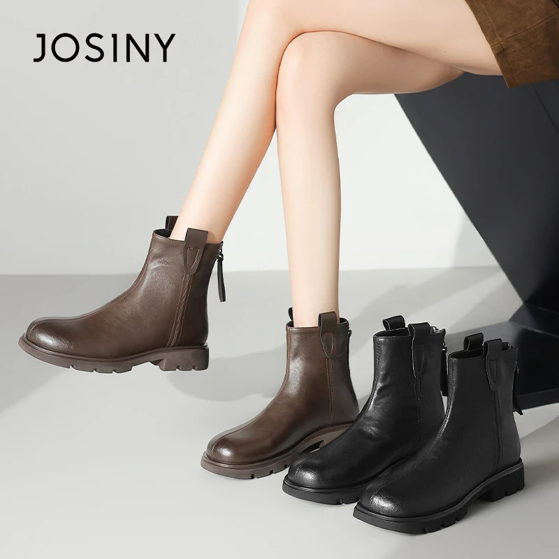 卓诗尼2024冬季新款保暖时尚不闷脚双耳后拉链款女士中筒短靴低跟