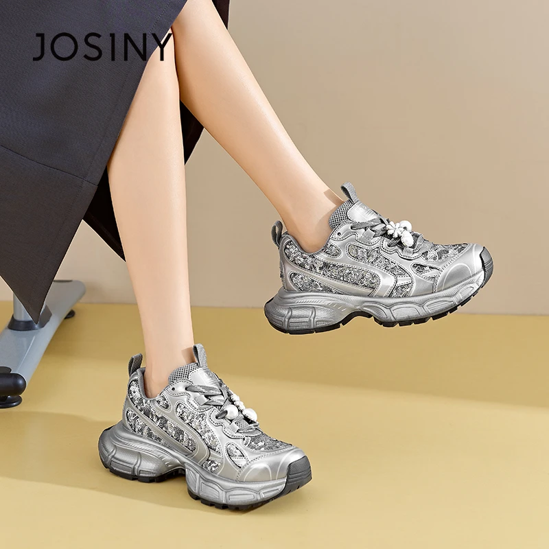 网面透气老爹鞋2025春季新款低帮系带厚底增高运动鞋女鞋