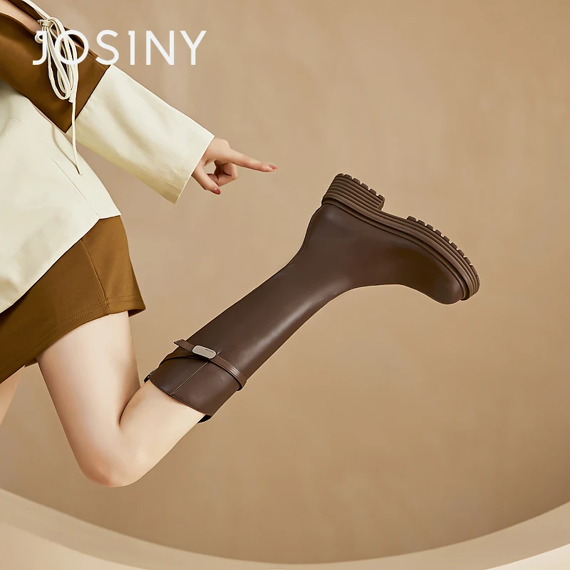 卓诗尼厚底圆头不过膝骑士靴女2023秋冬新款小个子显瘦增高高筒靴