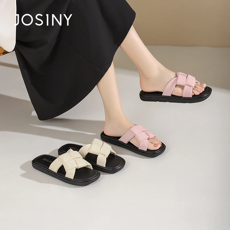 卓诗尼2024夏季女士网红ins编织平底圆头舒适防滑一字拖4J1A50642