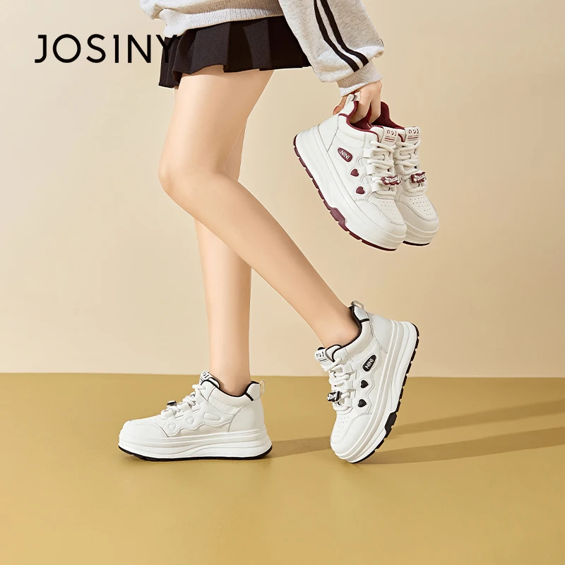 卓诗尼拼色中帮休闲板鞋2024冬季新款女士时尚百搭厚底增高系带