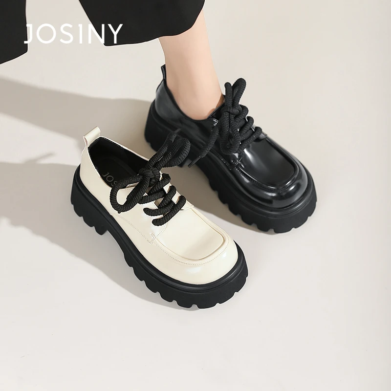 卓诗尼2024春季厚底粗跟圆头系带单鞋女学院风百搭日系黑色小皮鞋